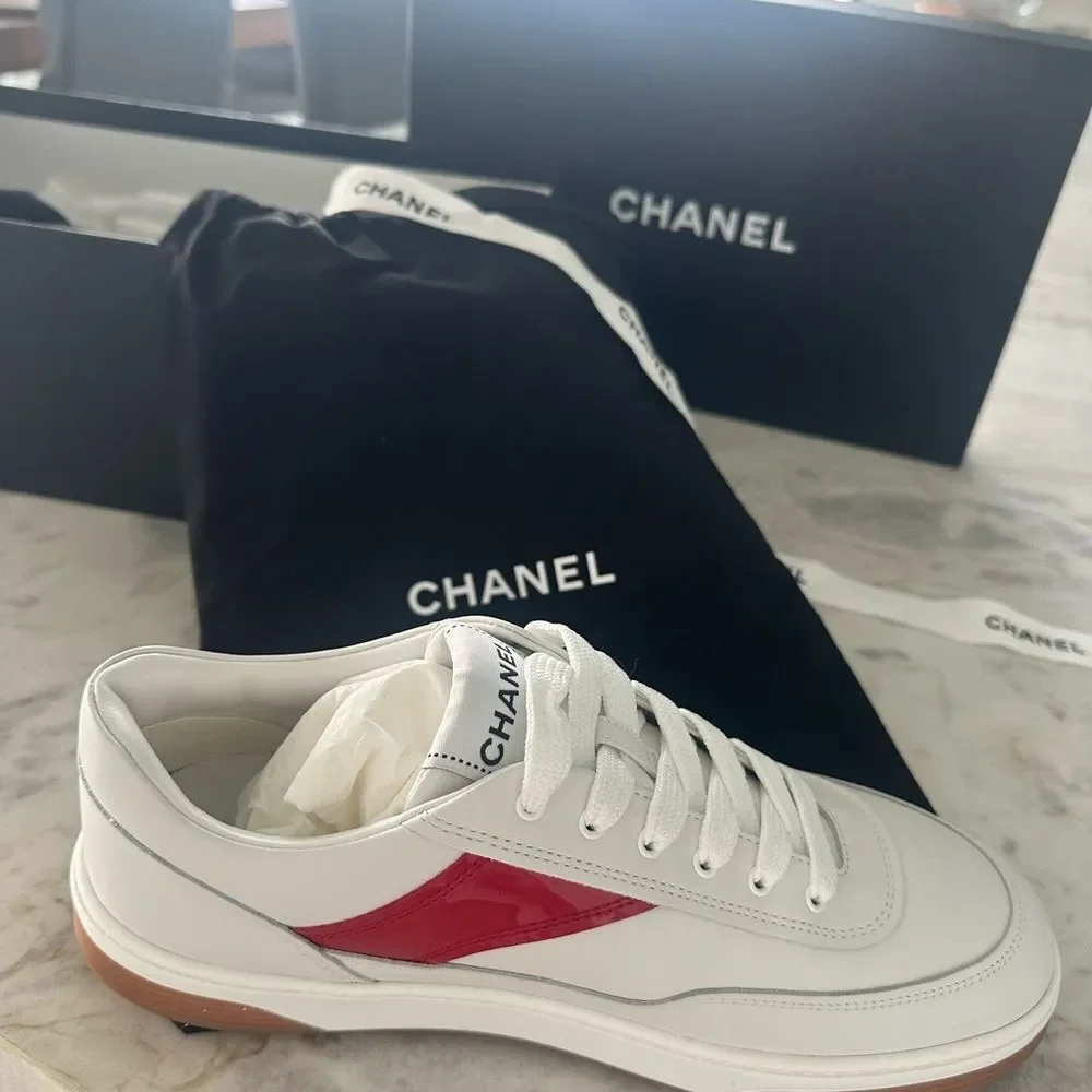 Chanel Woman’s White Sneakers with red  and grey CC logo